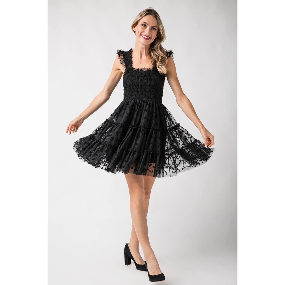 En Saison Women's Size Medium‎ Black Embroidered Bows Casey Flutter Mini Dress - Picture 12 of 12